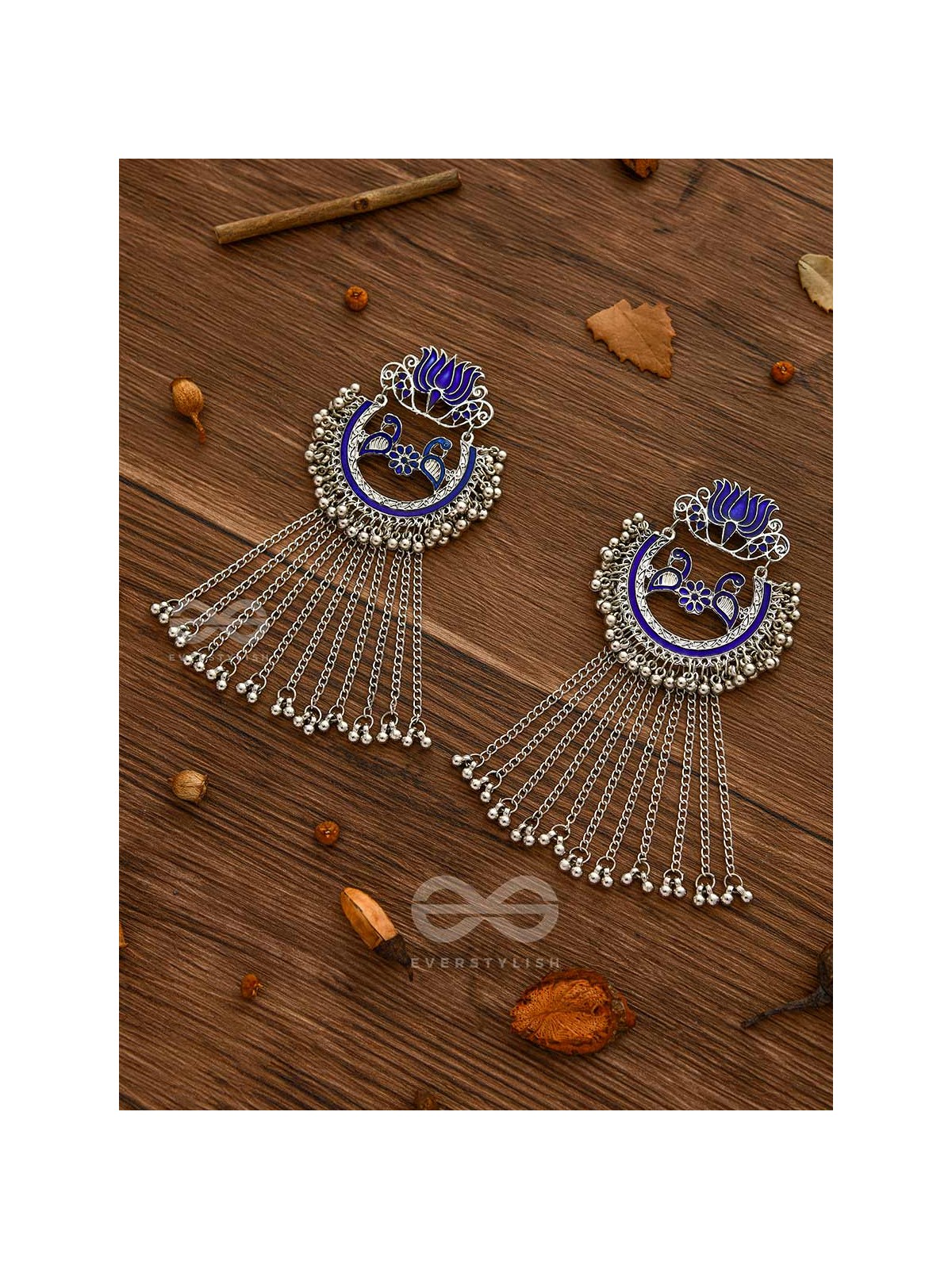 The Dangling Blooming Lotus - Statement Meenakari Earrings (Royal Blue)