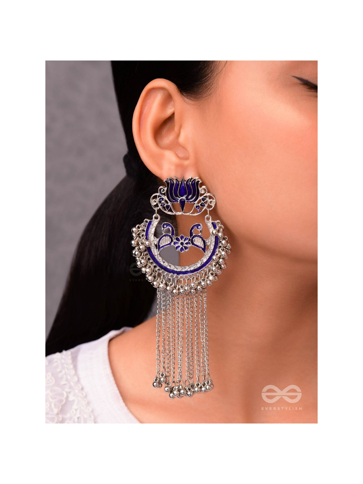 The Dangling Blooming Lotus - Statement Meenakari Earrings (Royal Blue)