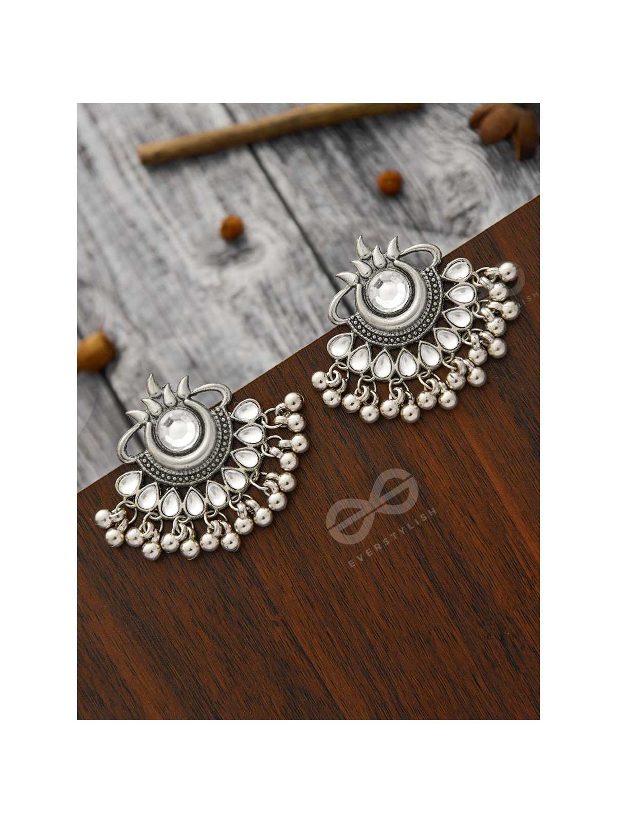 A Bohemian Tale - Embellished Oxidised Earrings (White)