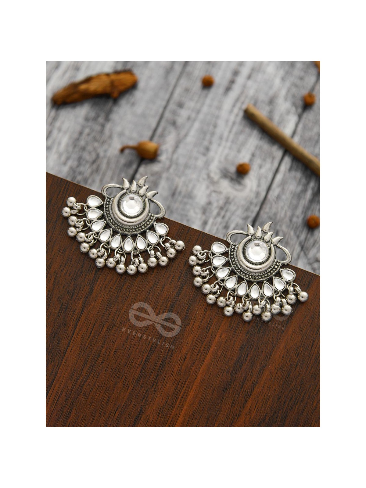 A Bohemian Tale - Embellished Oxidised Earrings (White)