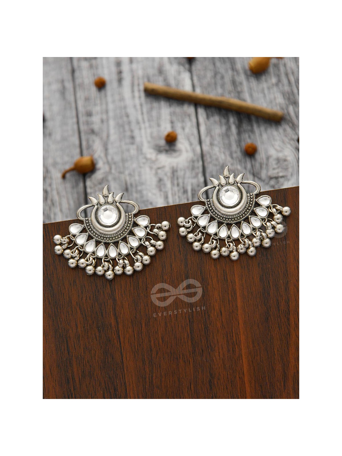 A Bohemian Tale - Embellished Oxidised Earrings (White)