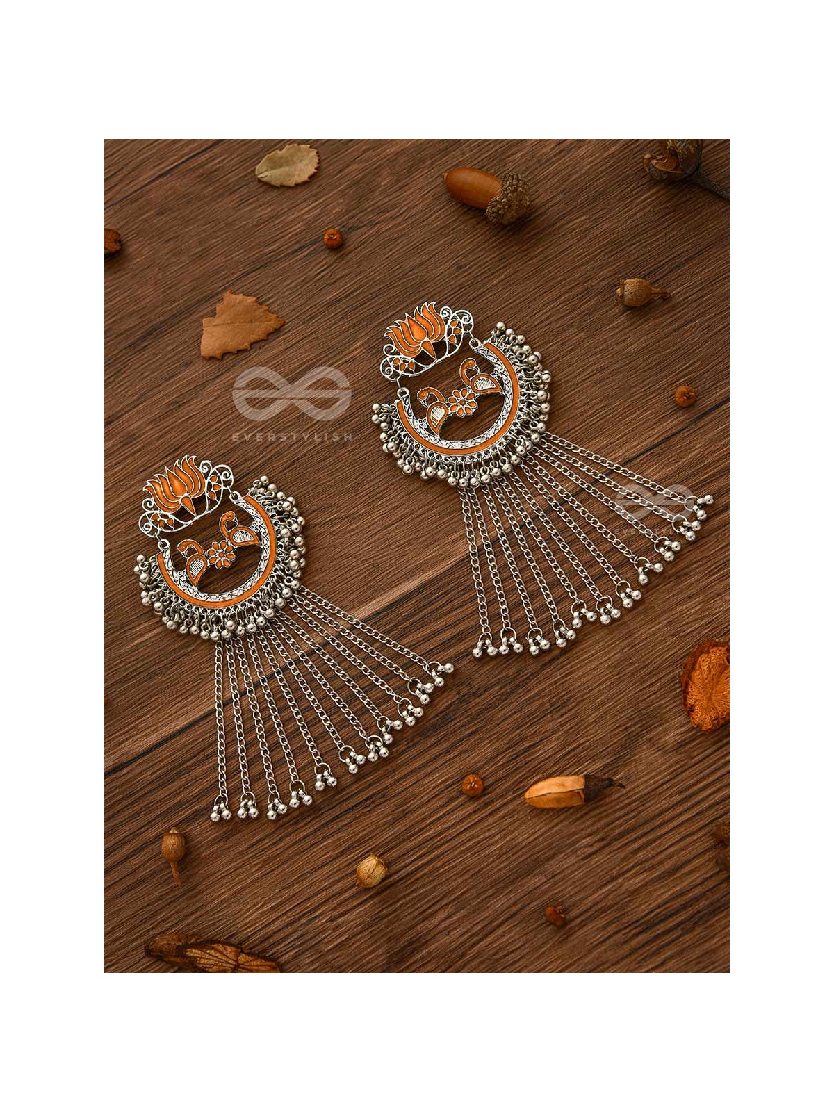  'THE DANGLING BLOOMING LOTUS - STATEMENT MEENAKARI EARRINGS (Pumpkin)'