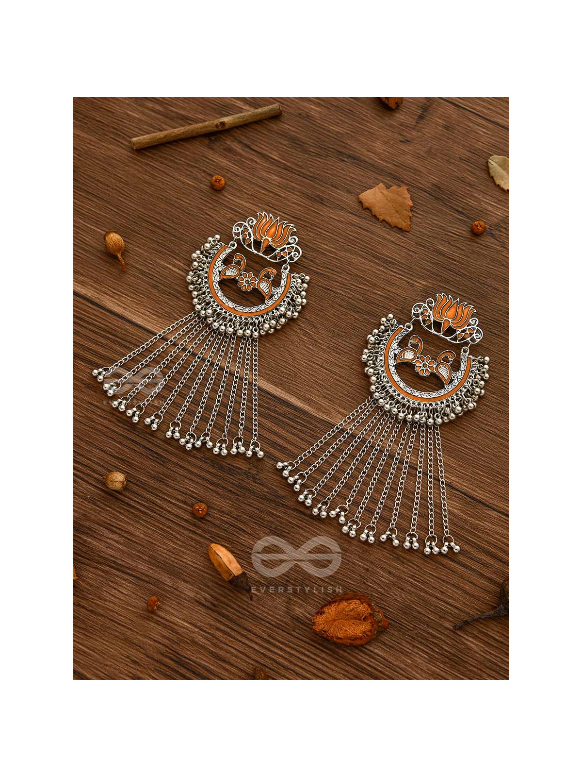  'THE DANGLING BLOOMING LOTUS - STATEMENT MEENAKARI EARRINGS (Pumpkin)'