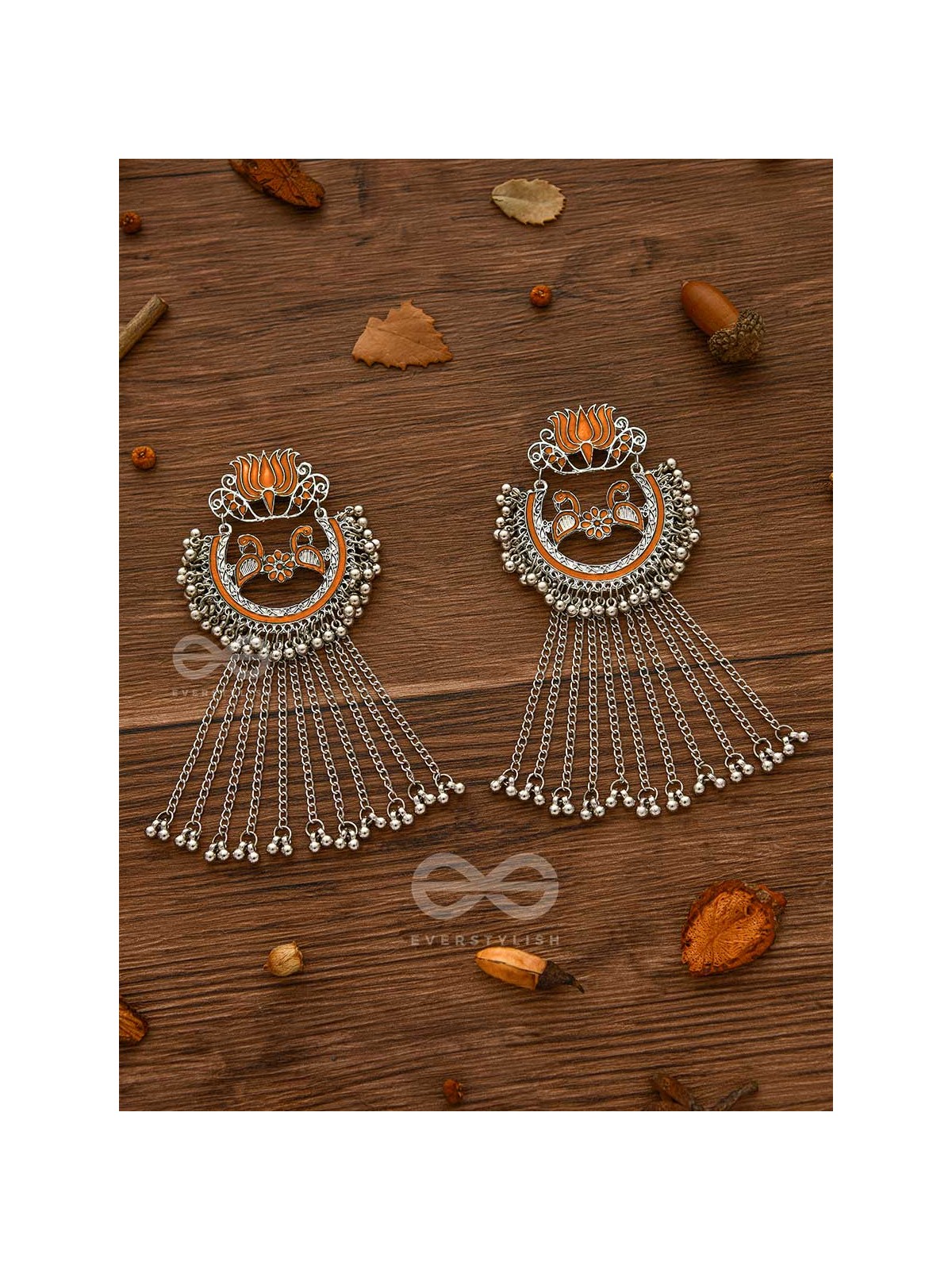  'THE DANGLING BLOOMING LOTUS - STATEMENT MEENAKARI EARRINGS (Pumpkin)'