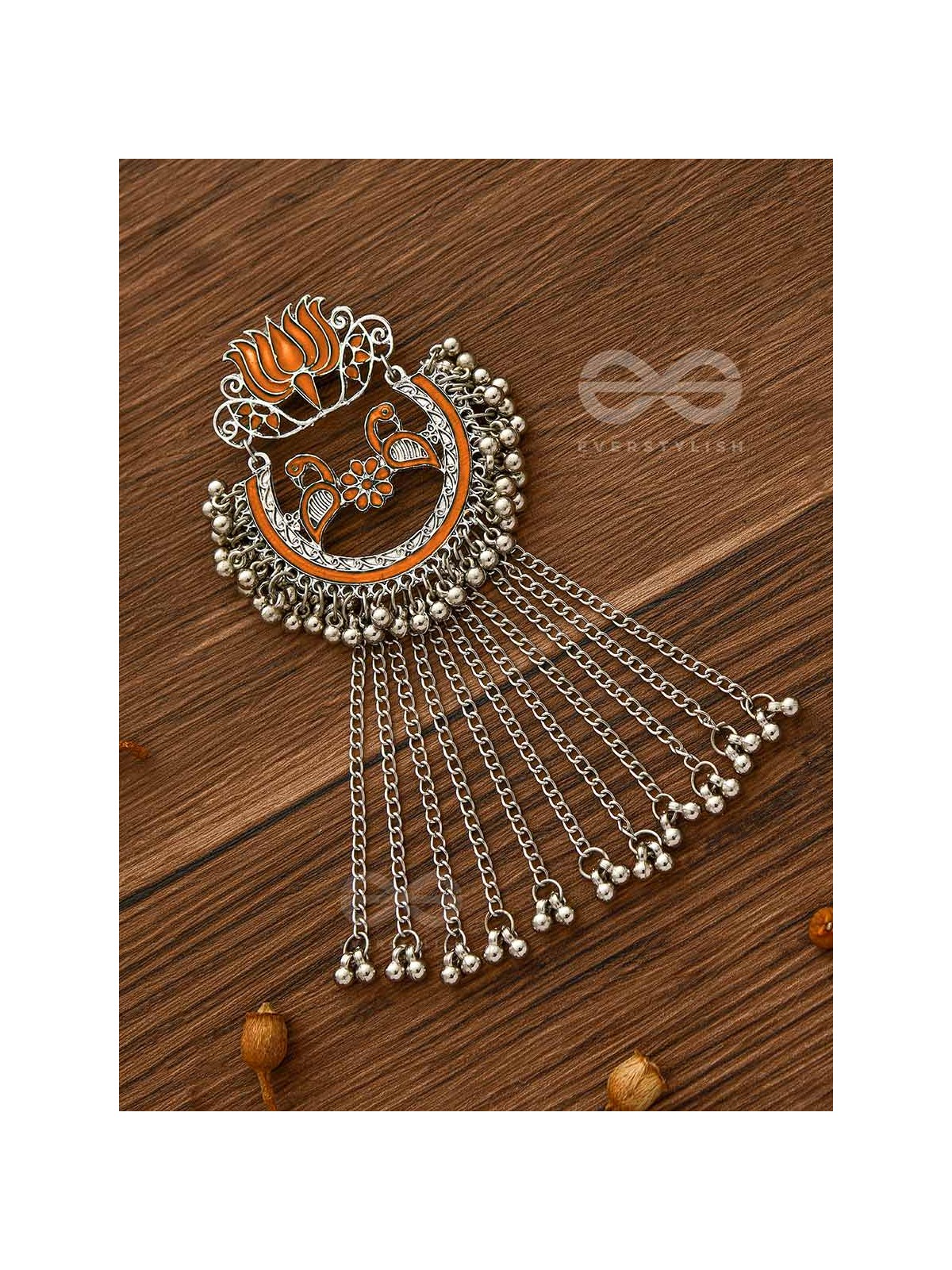  'THE DANGLING BLOOMING LOTUS - STATEMENT MEENAKARI EARRINGS (Pumpkin)'