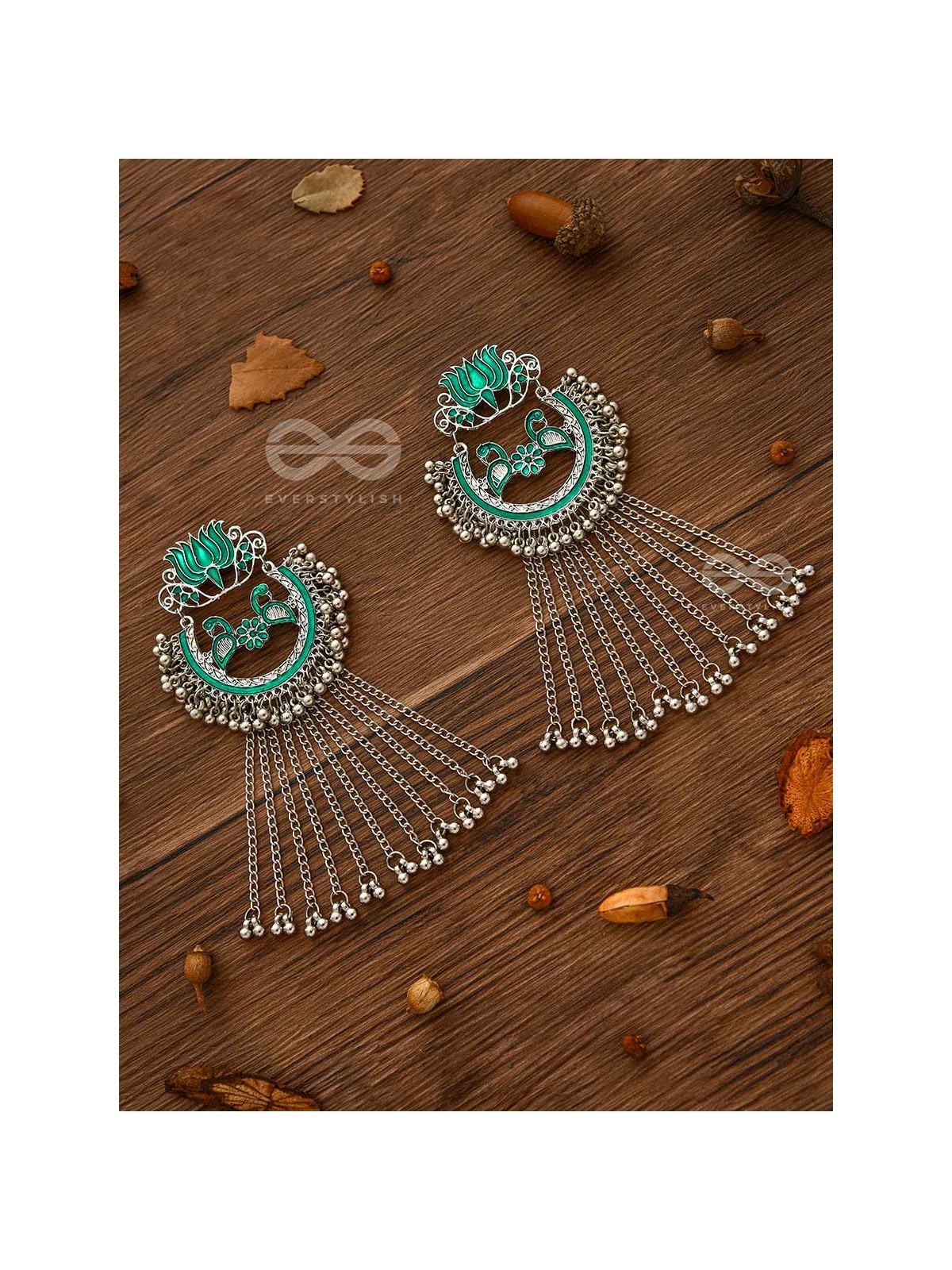 The Dangling Blooming Lotus - Statement Meenakari Earrings (Pine Green)