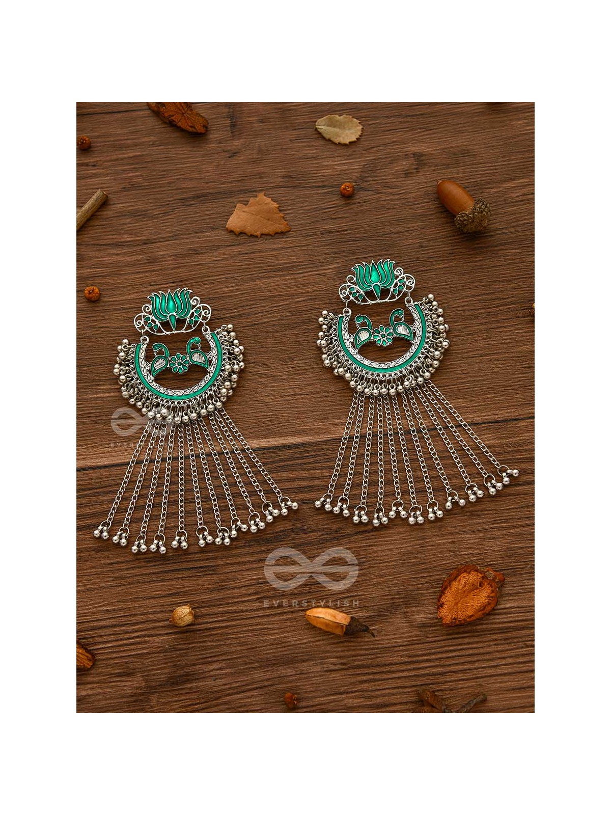 The Dangling Blooming Lotus - Statement Meenakari Earrings (Pine Green)