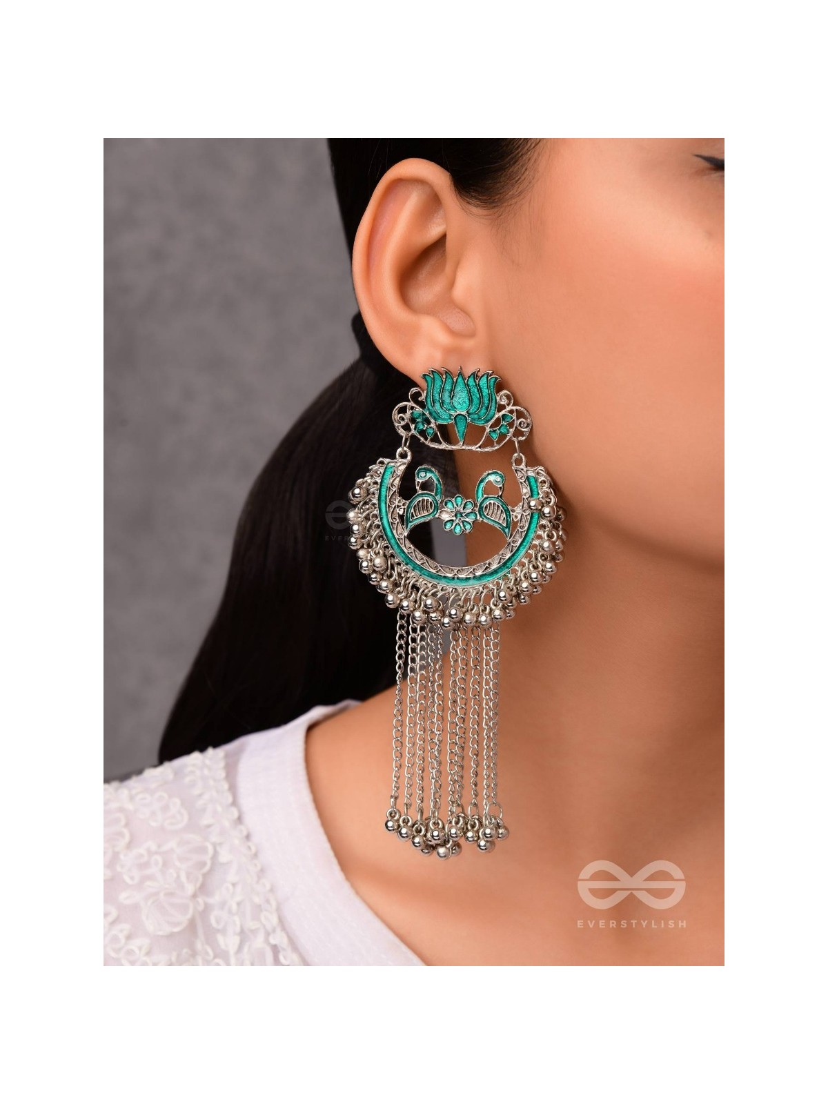 The Dangling Blooming Lotus - Statement Meenakari Earrings (Pine Green)