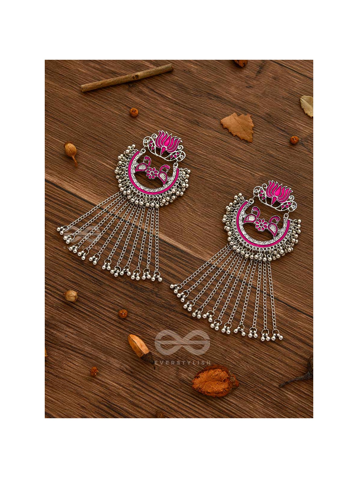 The Dangling Blooming Lotus - Statement Meenakari Earrings (Pink)