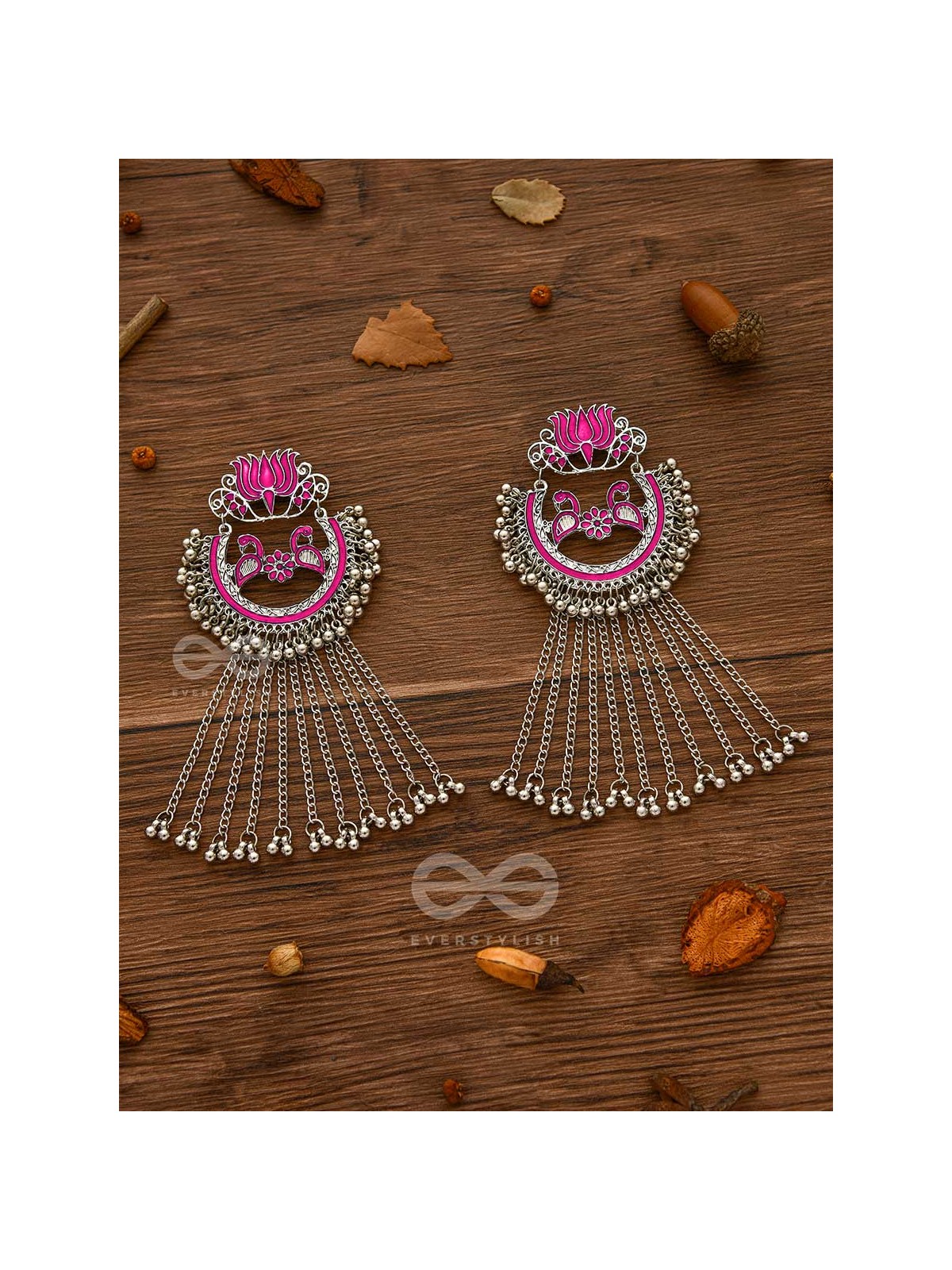 The Dangling Blooming Lotus - Statement Meenakari Earrings (Pink)