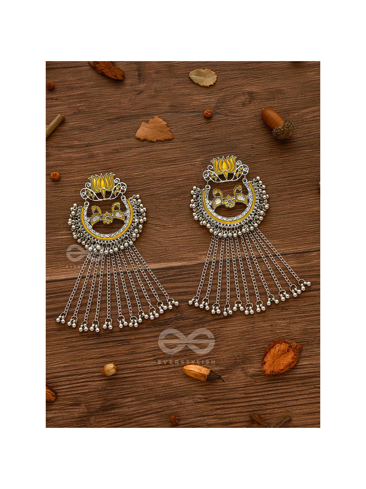 The Dangling Blooming Lotus - Statement Meenakari Earrings (Yellow)