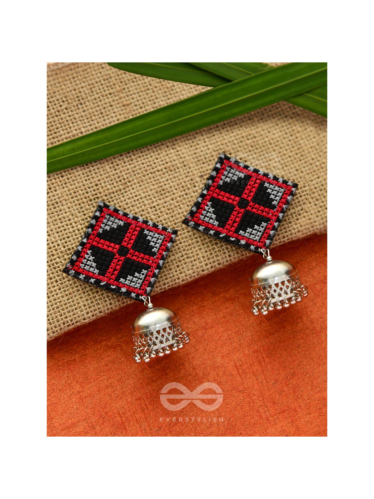 The Aztec Kite Jhumkas - Statement Embroidered Earrings (Red - Black)