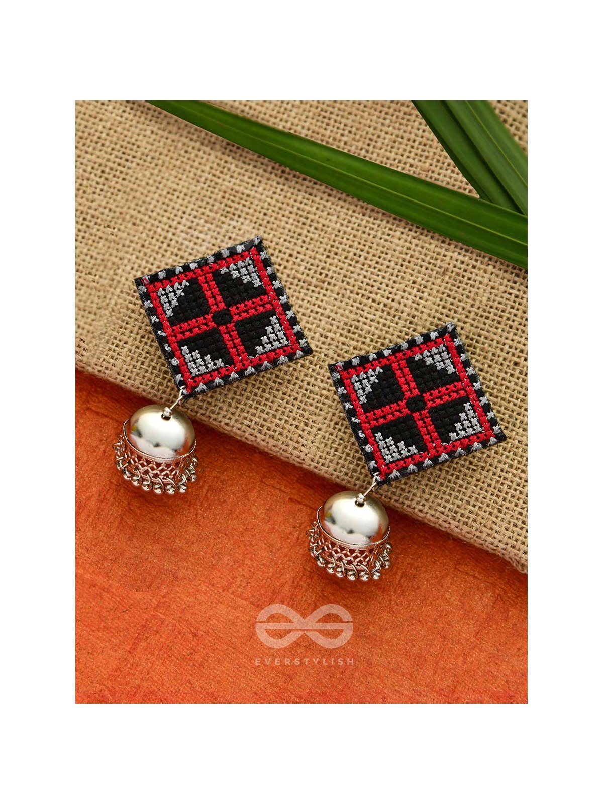 The Aztec Kite Jhumkas - Statement Embroidered Earrings (Red - Black)