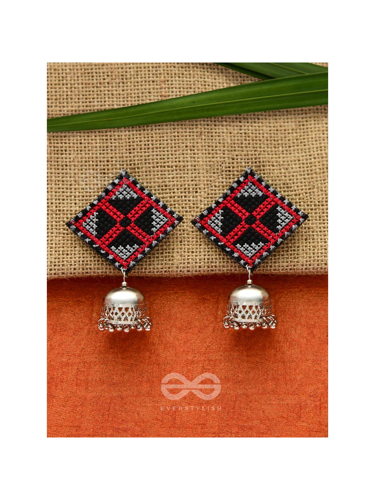The Aztec Kite Jhumkas - Statement Embroidered Earrings (Red - Black)
