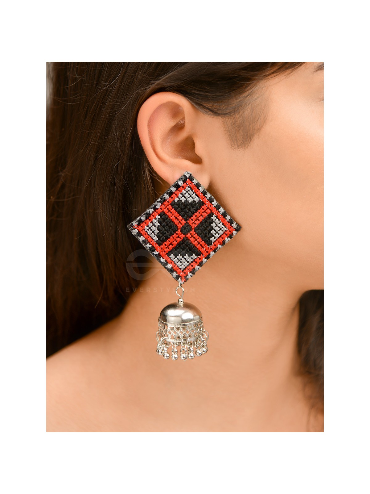 The Aztec Kite Jhumkas - Statement Embroidered Earrings (Red - Black)