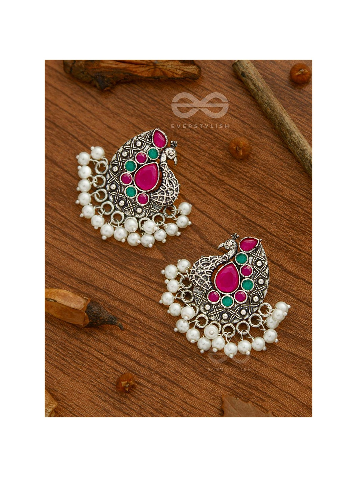 The Perky Peacock- Oxidised Enamelled Earrings