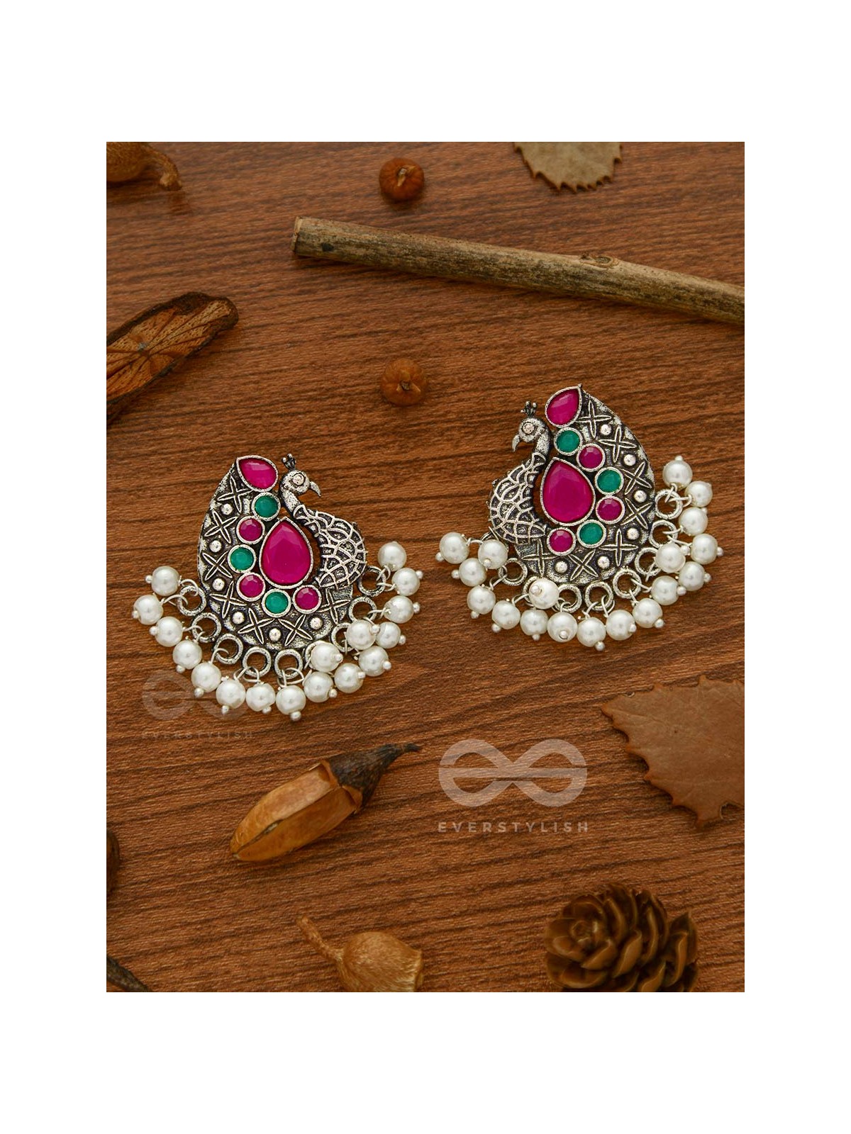 The Perky Peacock- Oxidised Enamelled Earrings