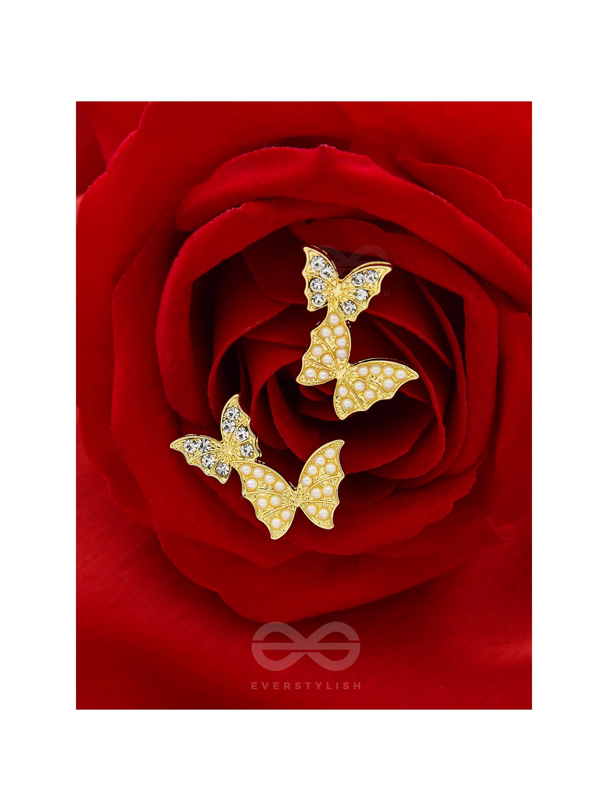 Binary Butterflies- Rhinestones and Pearls Studded Golden Earrings