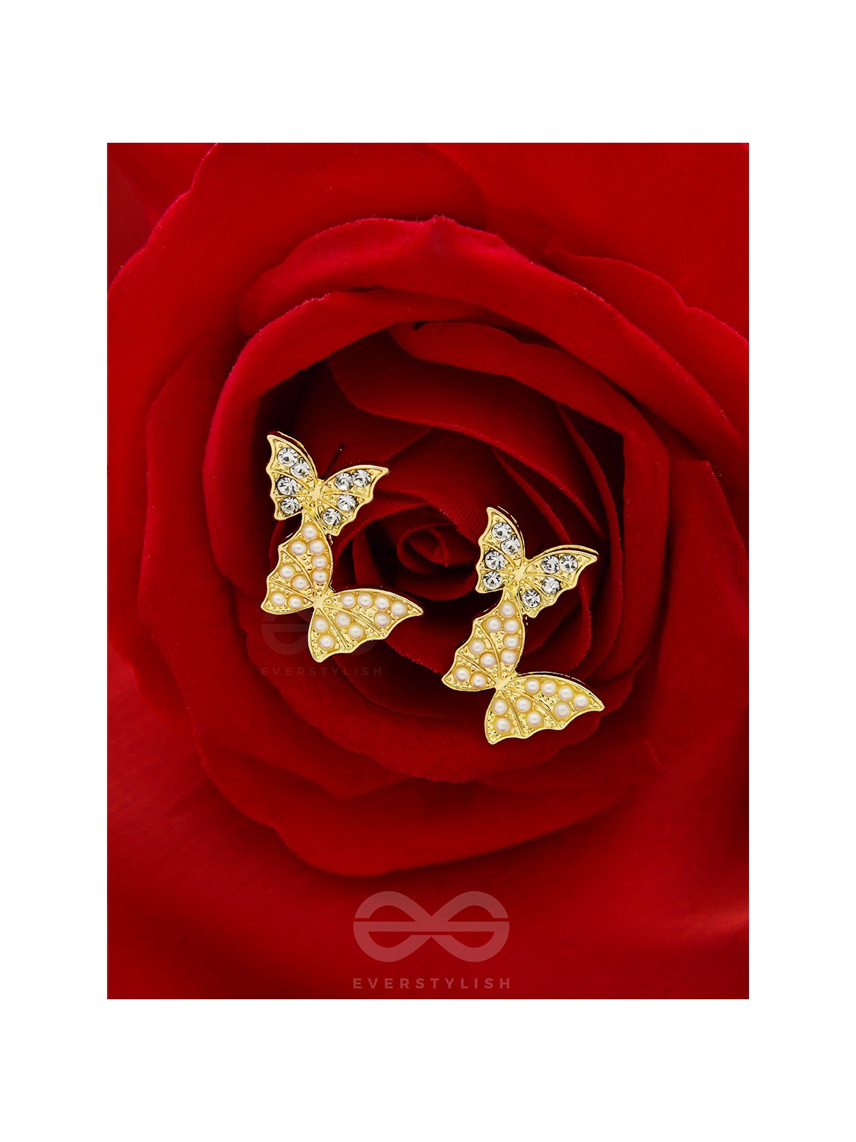 Binary Butterflies- Rhinestones and Pearls Studded Golden Earrings