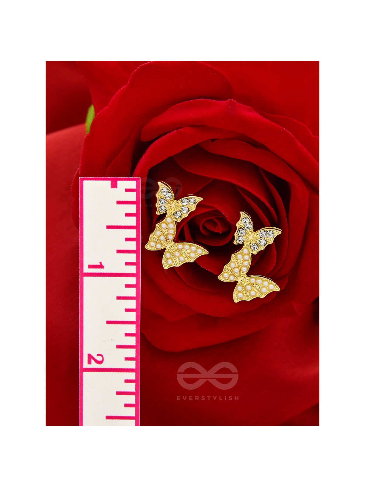 Binary Butterflies- Rhinestones and Pearls Studded Golden Earrings