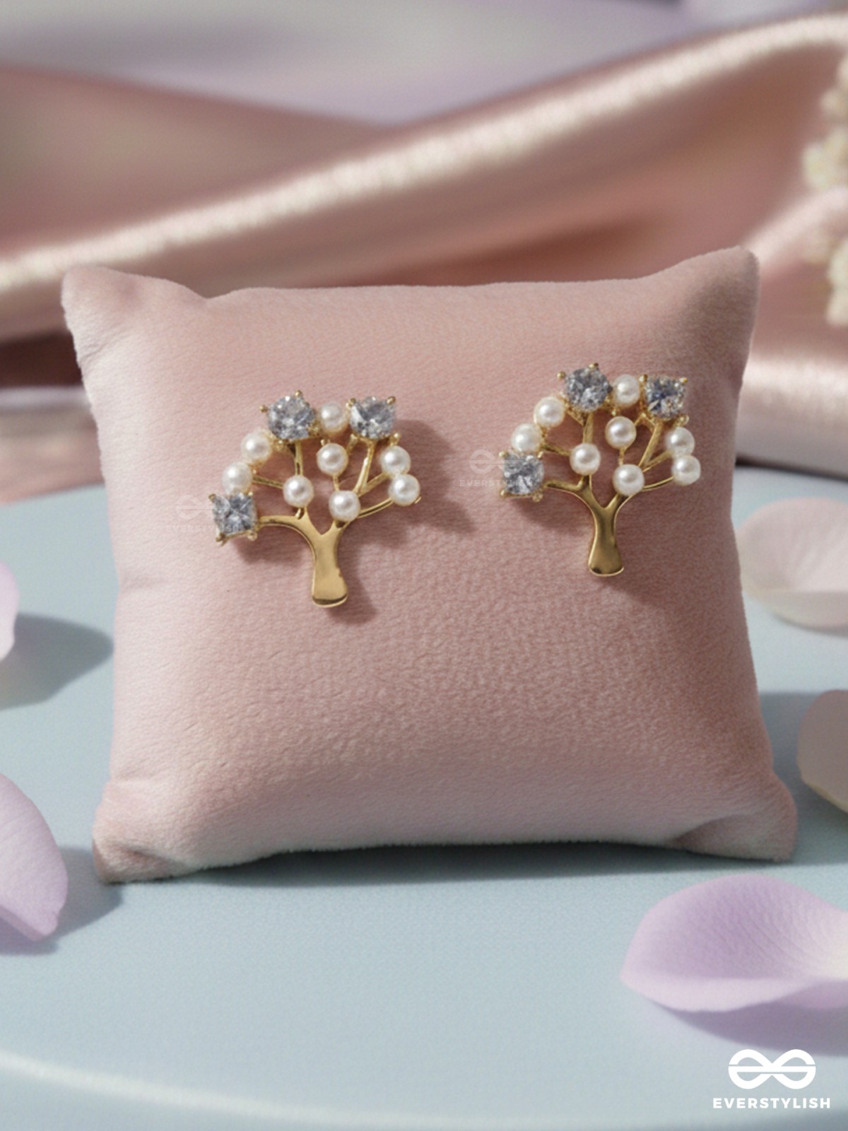 Majestic Bonsai- Pearls and Stones Studded Golden Earrings