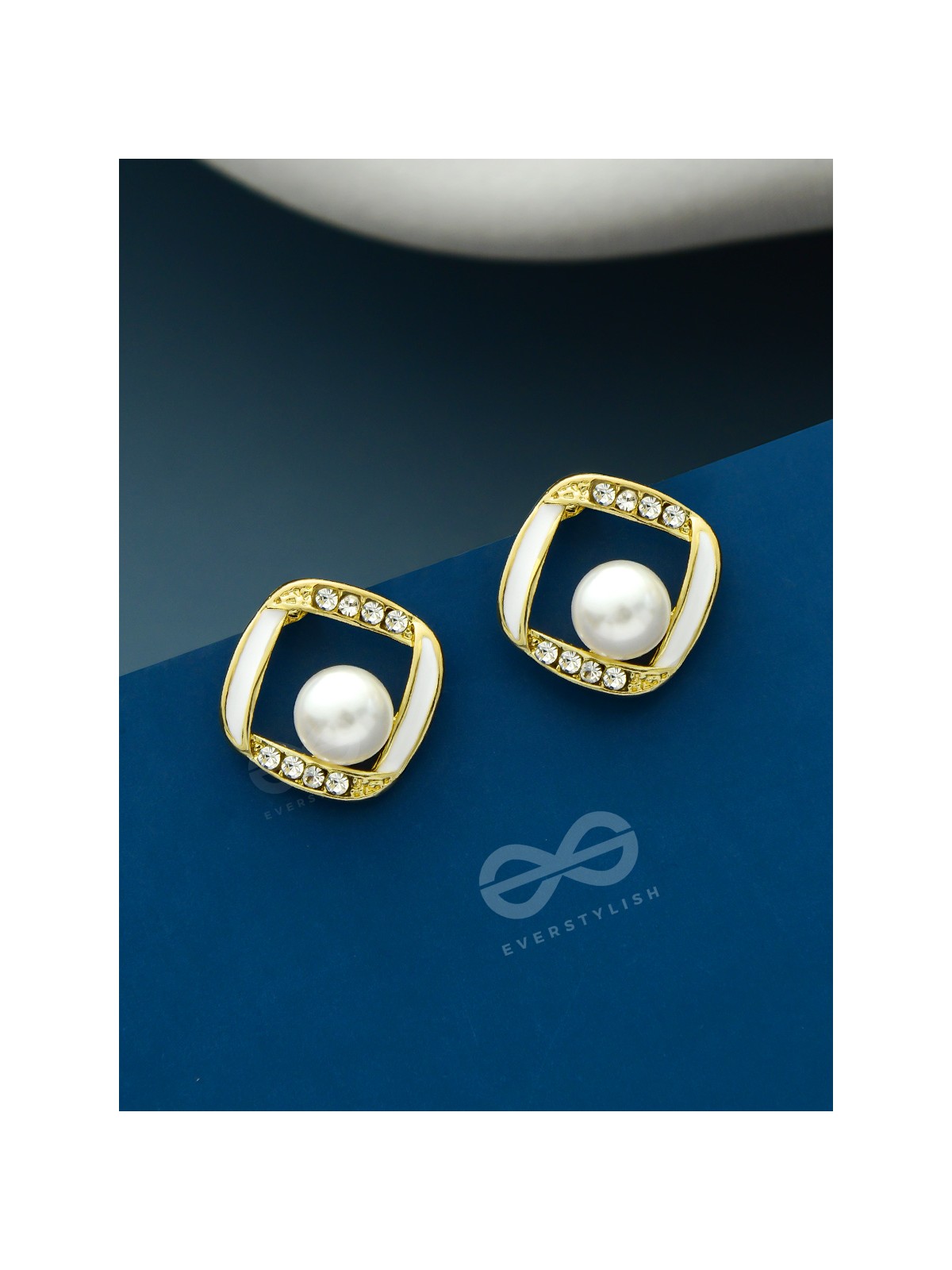 Sterling Droplets- White Enamelled Rhinestones Studded Pearl Earrings