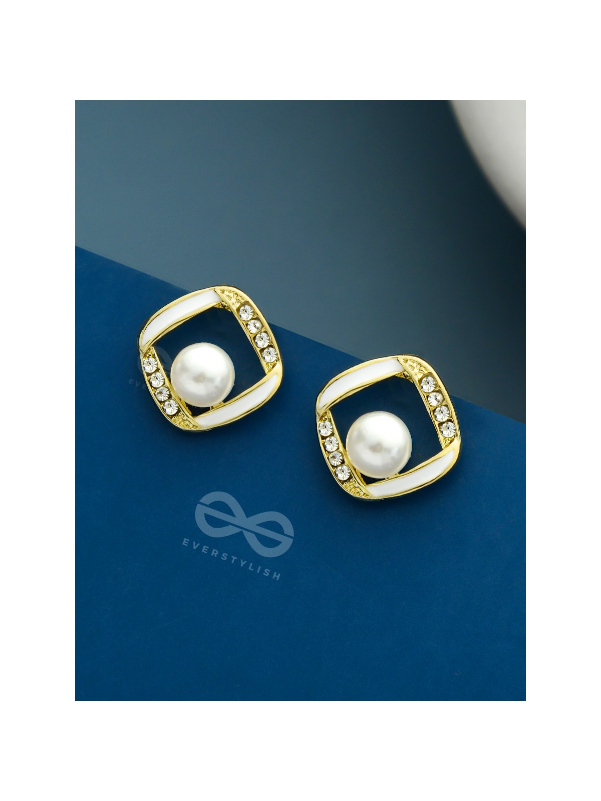 Sterling Droplets- White Enamelled Rhinestones Studded Pearl Earrings