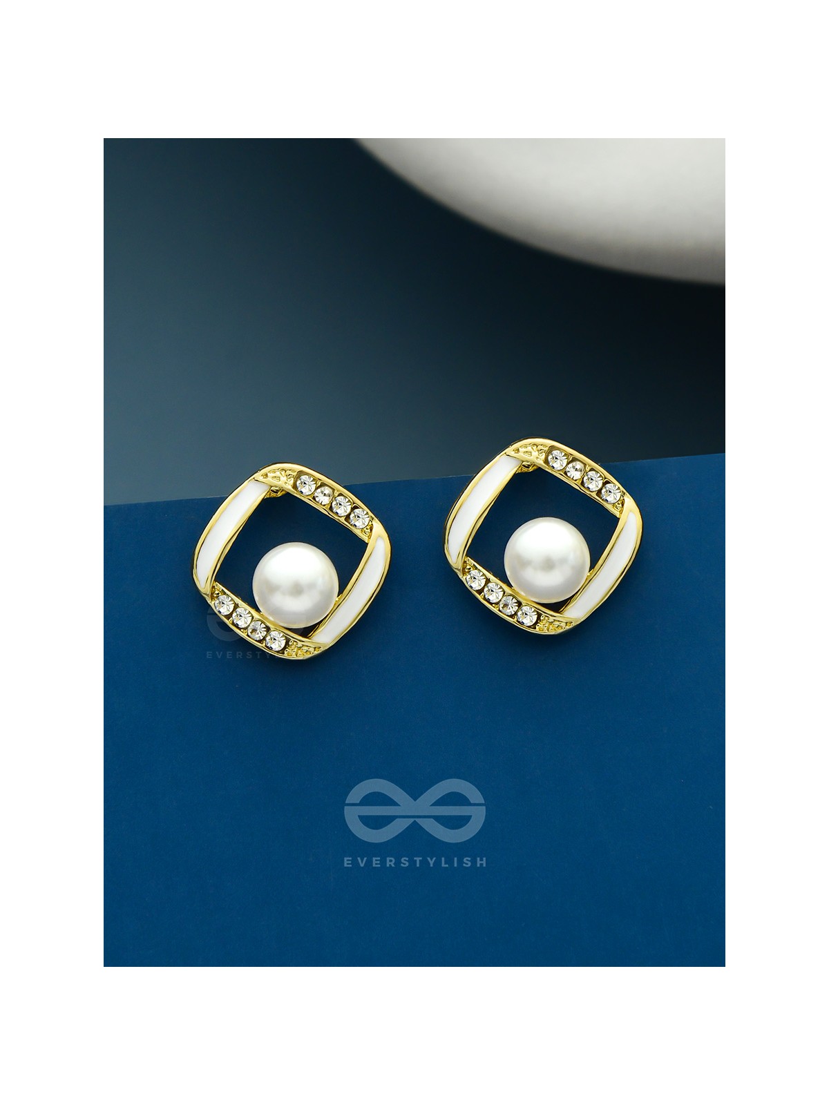 Sterling Droplets- White Enamelled Rhinestones Studded Pearl Earrings