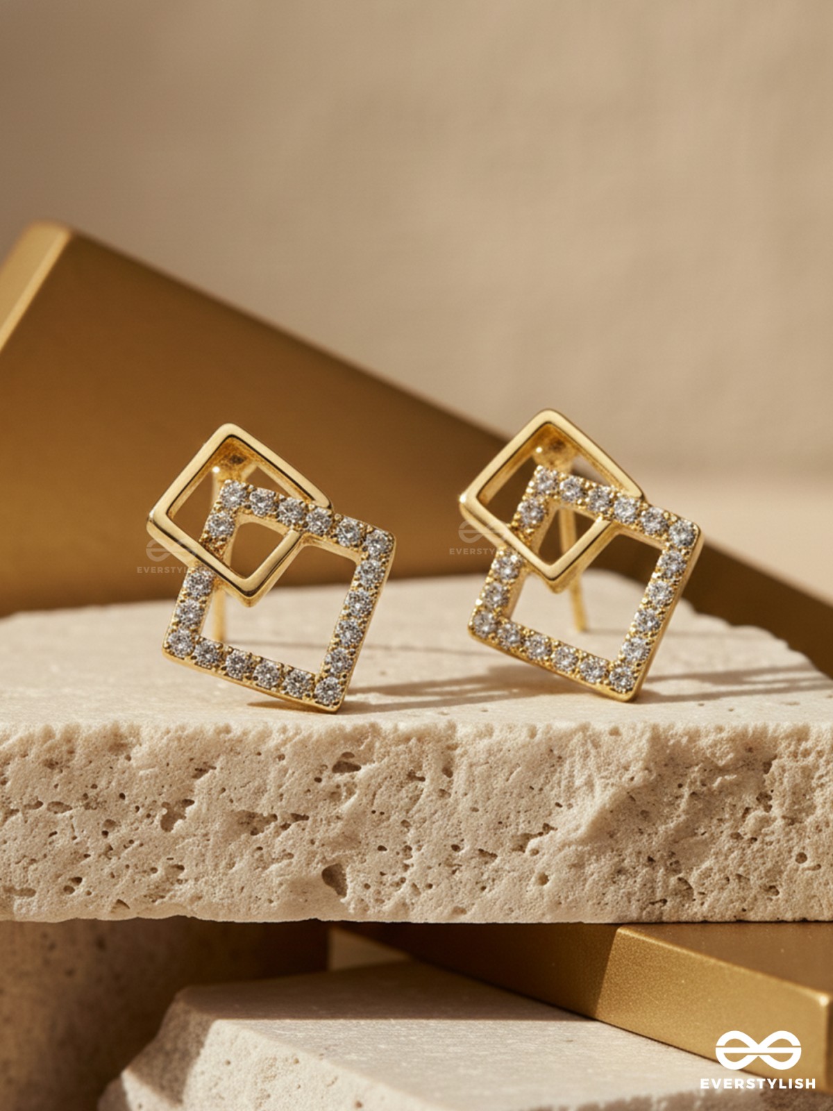 Snarled Squares- CZ Stones Studded Golden Earrings