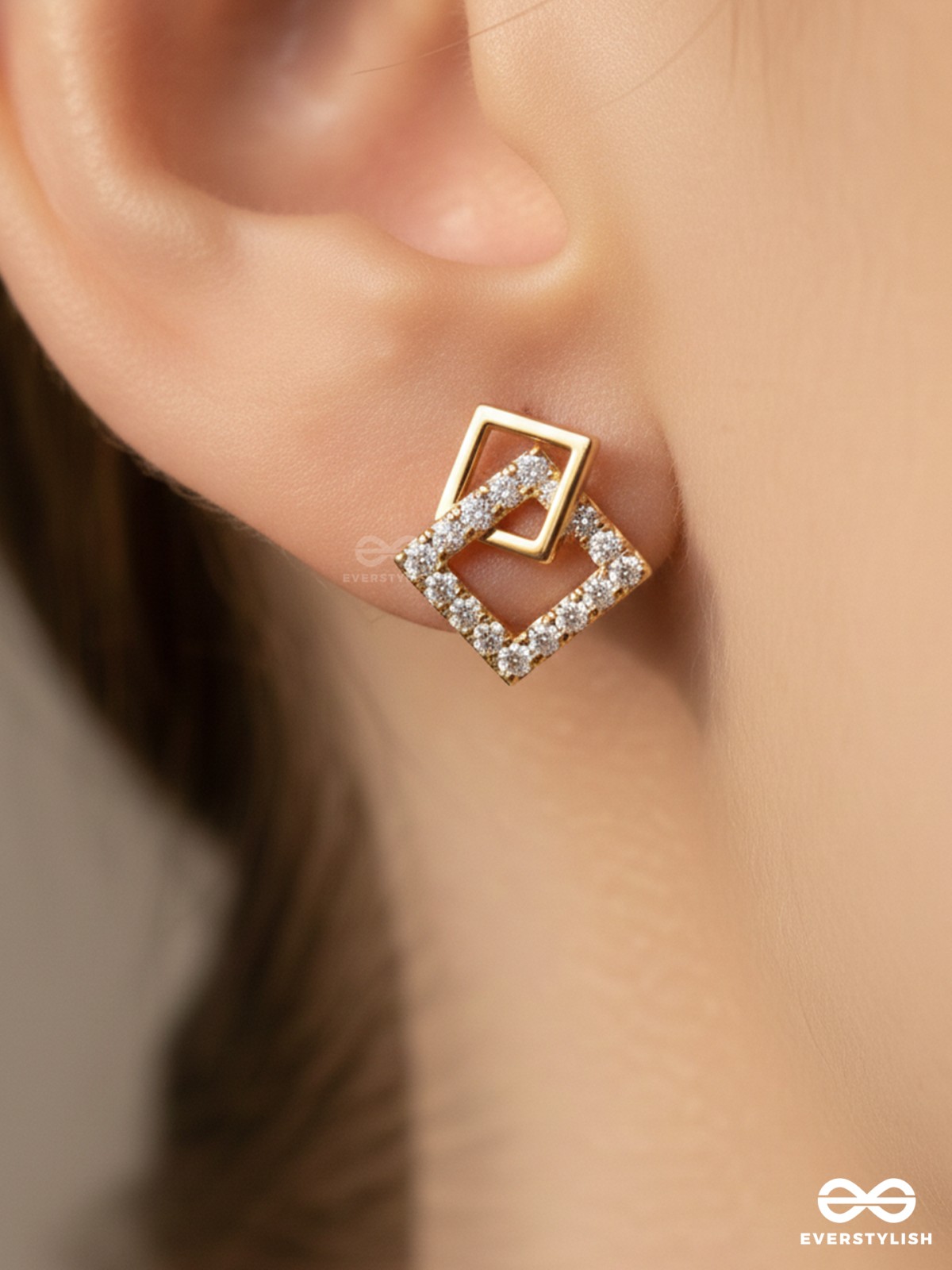Snarled Squares- CZ Stones Studded Golden Earrings
