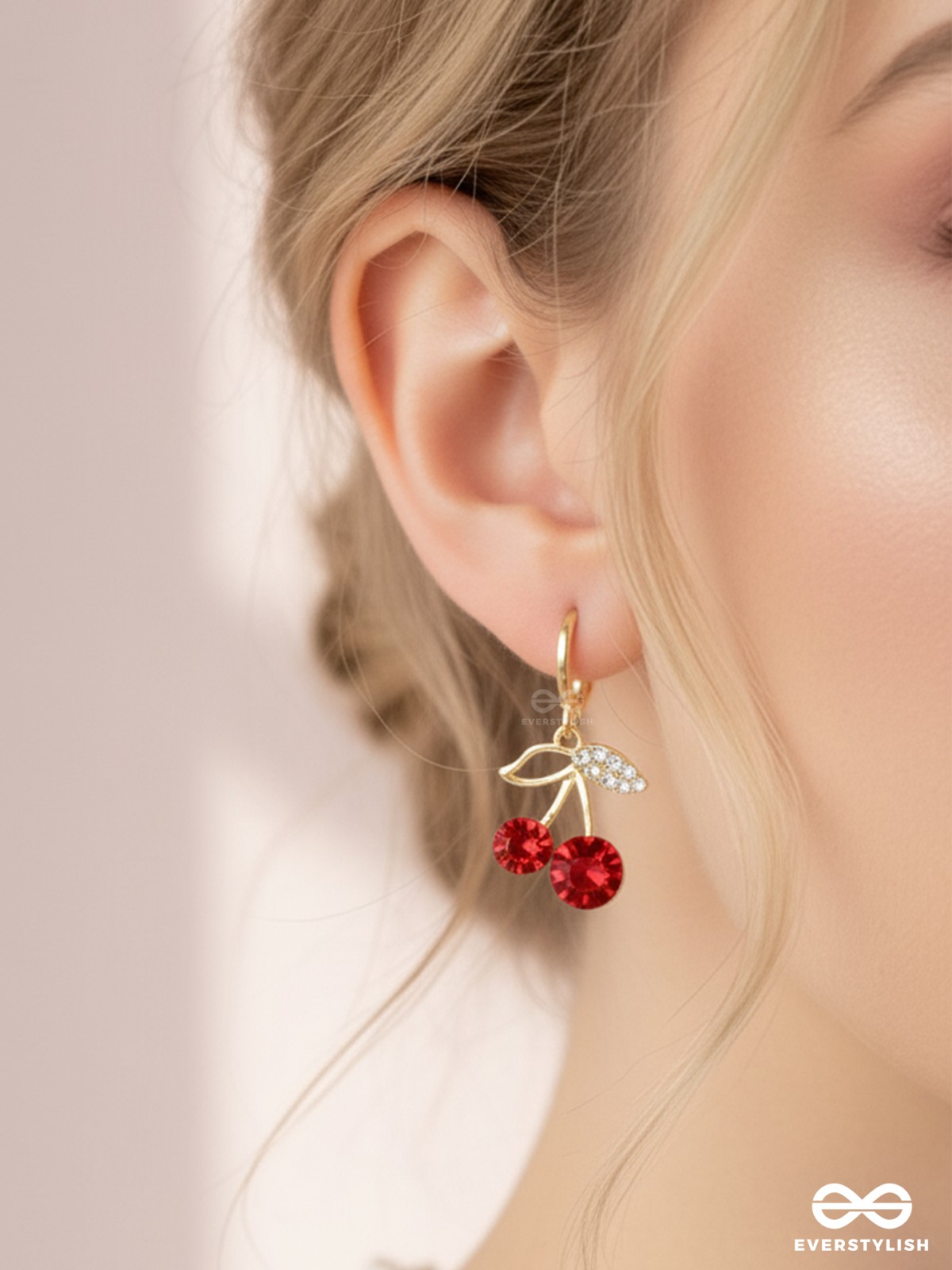 Cherry on Top- Red and Golden CZ Stones Studded Earrings