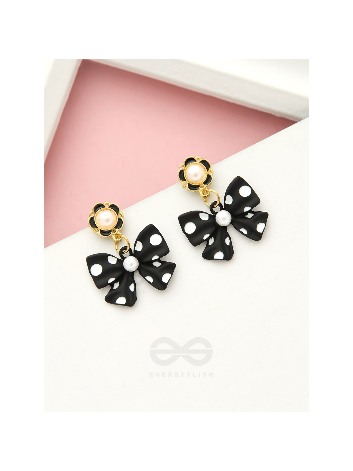 Take a Bow, Polka- Black and White Golden Pearl Earrings