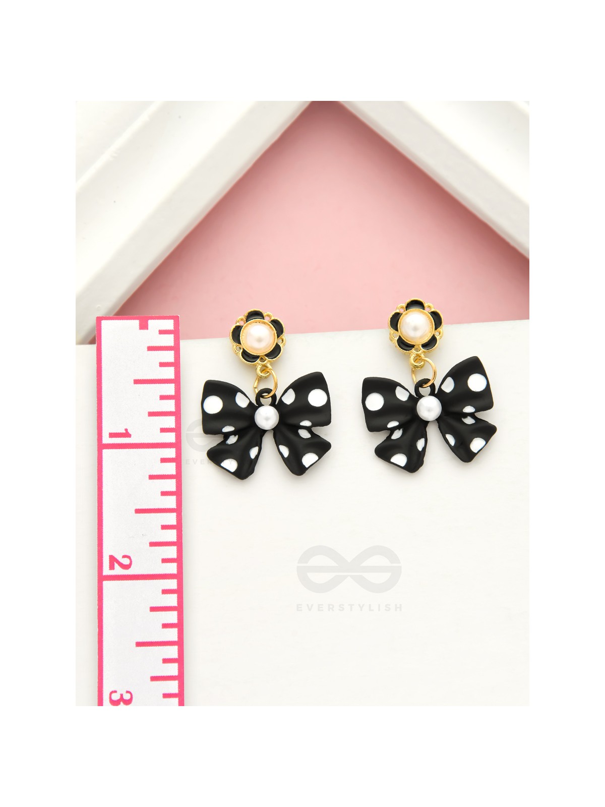 Take a Bow, Polka- Black and White Golden Pearl Earrings