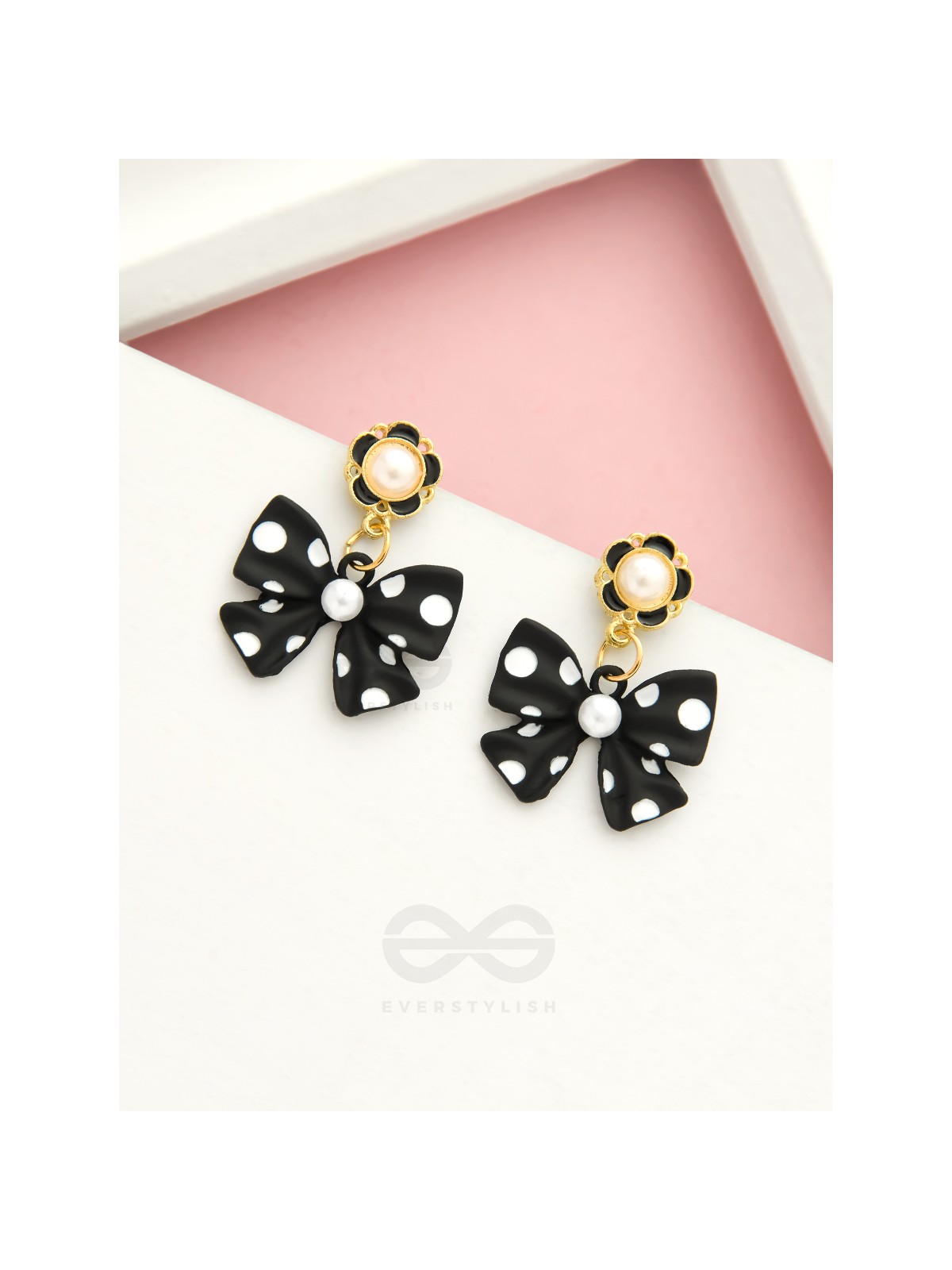Take a Bow, Polka- Black and White Golden Pearl Earrings