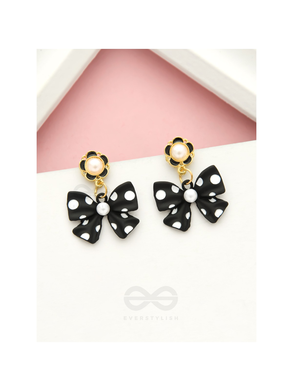 Take a Bow, Polka- Black and White Golden Pearl Earrings