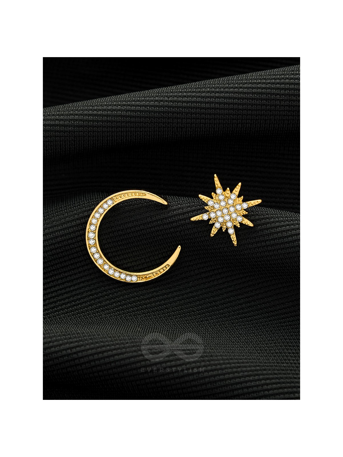 Ethereal Enchantment- Moon and Star Shaped Rhinestones Studded Golden Earrings