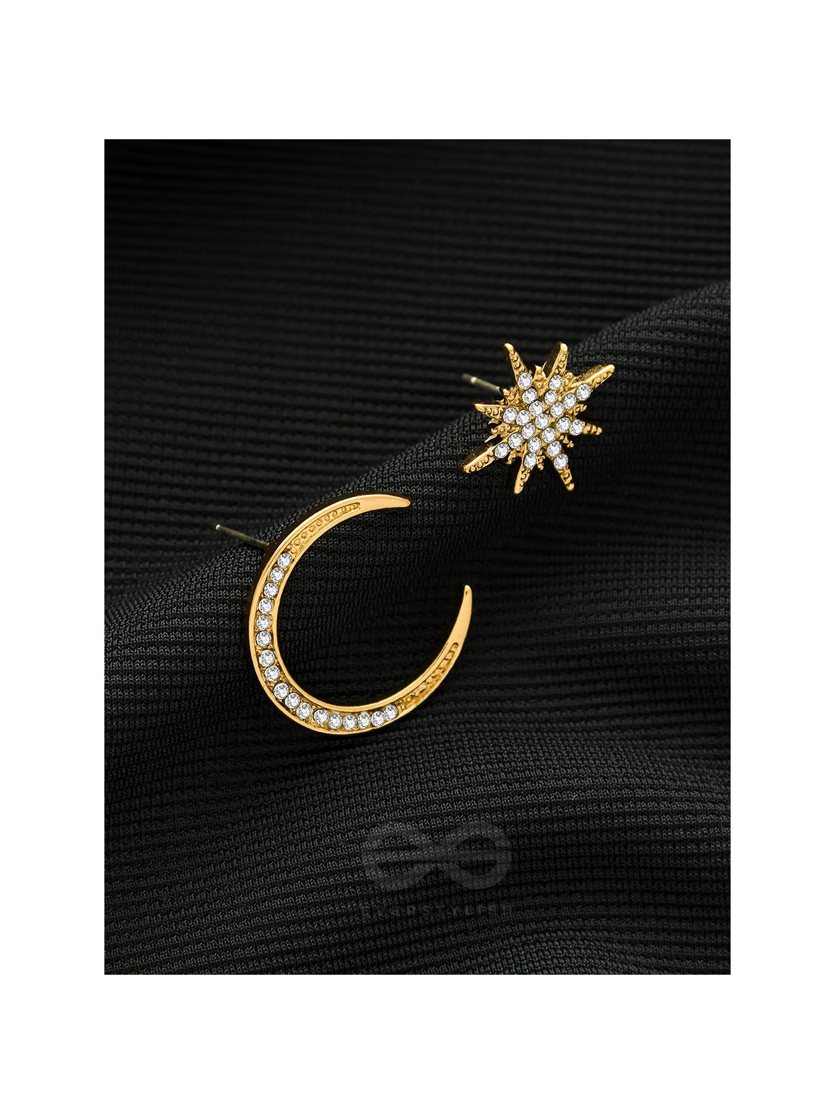 Ethereal Enchantment- Moon and Star Shaped Rhinestones Studded Golden Earrings