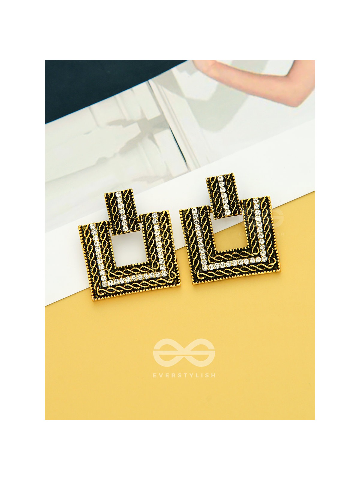 Geometric Grace - Rhinestone Encrusted Golden Earrings