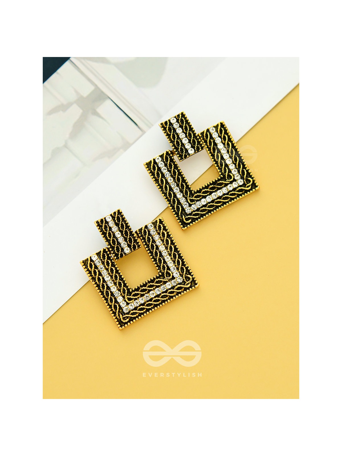 Geometric Grace - Rhinestone Encrusted Golden Earrings