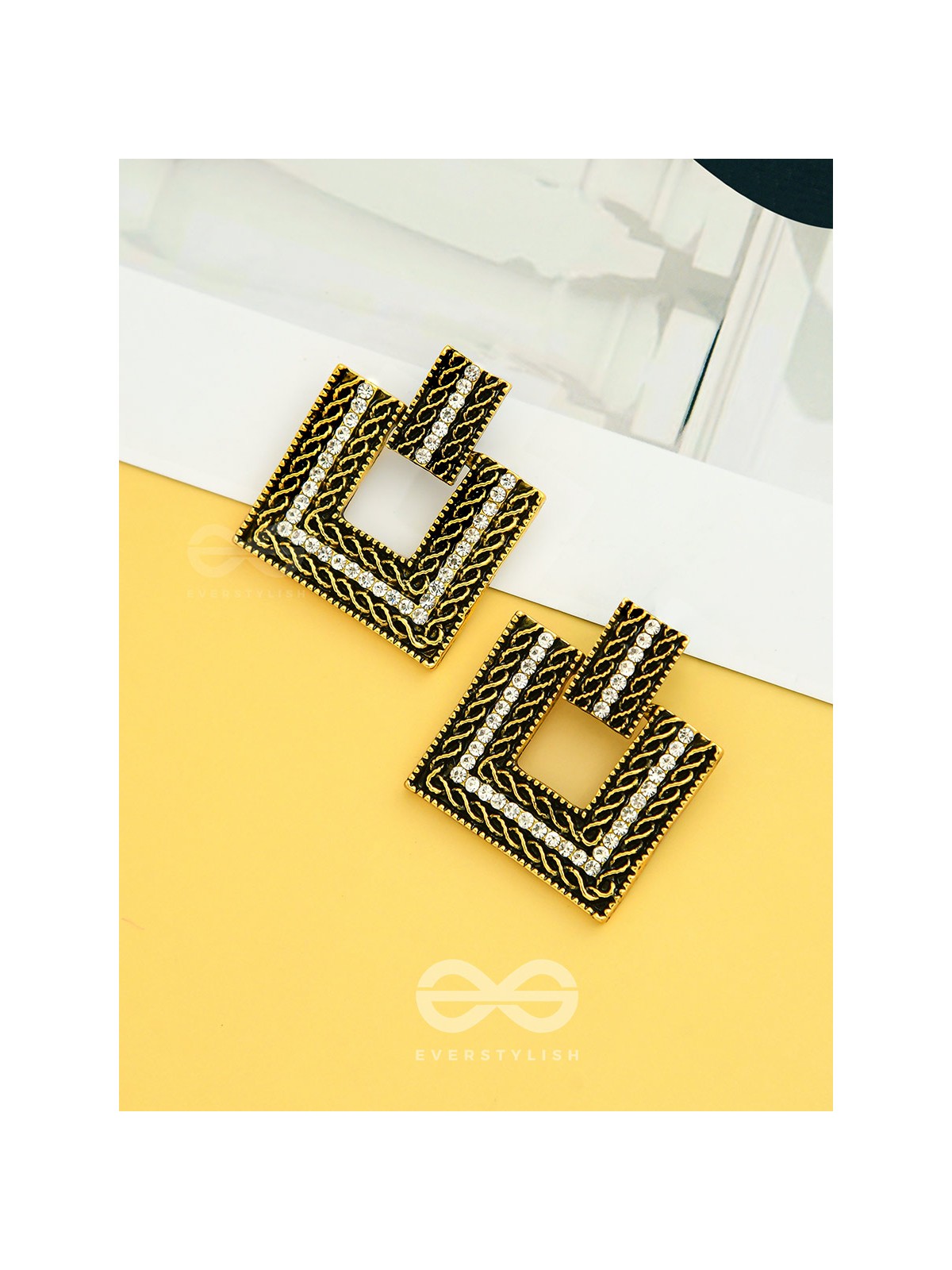 Geometric Grace - Rhinestone Encrusted Golden Earrings