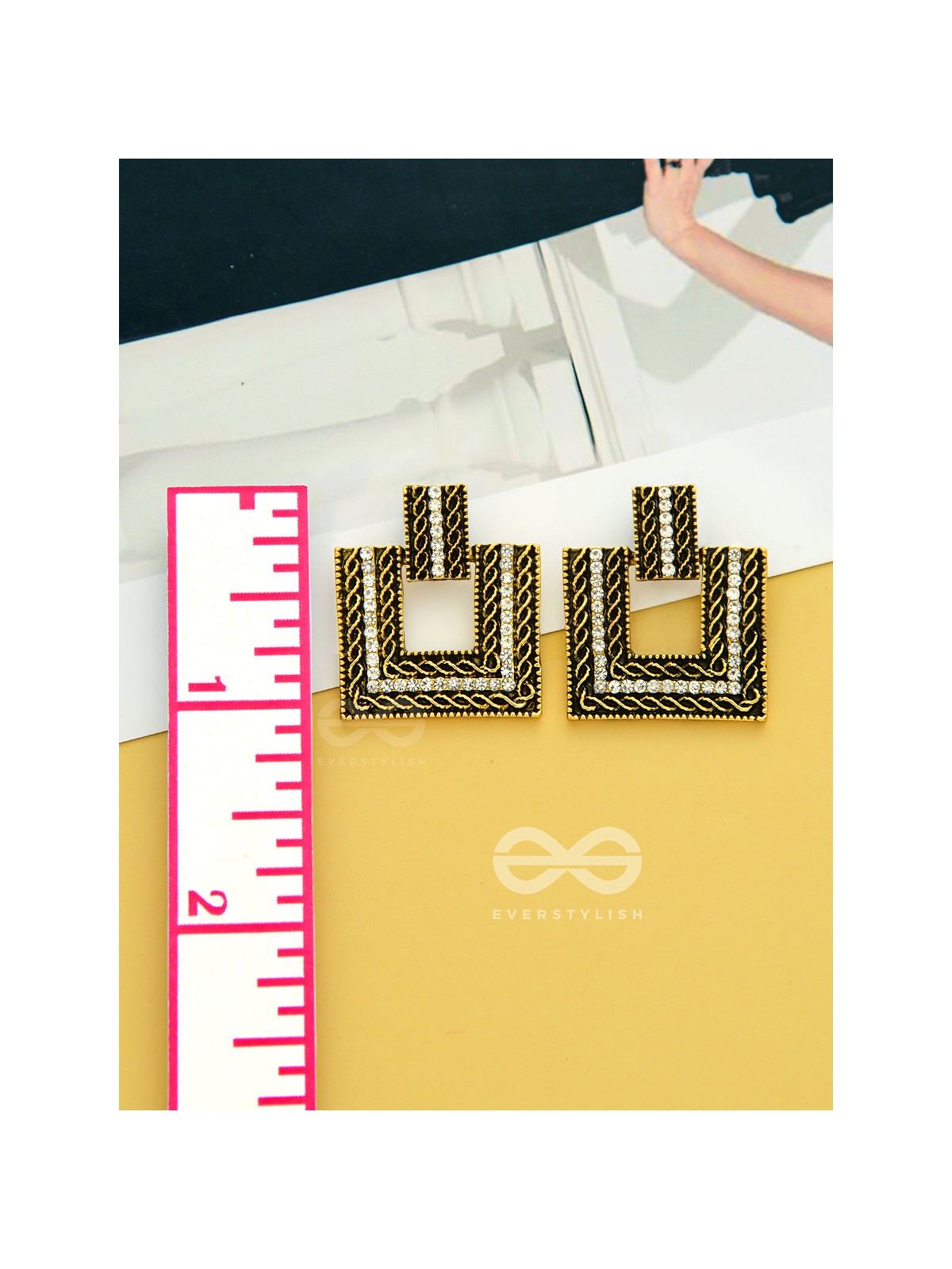 Geometric Grace - Rhinestone Encrusted Golden Earrings
