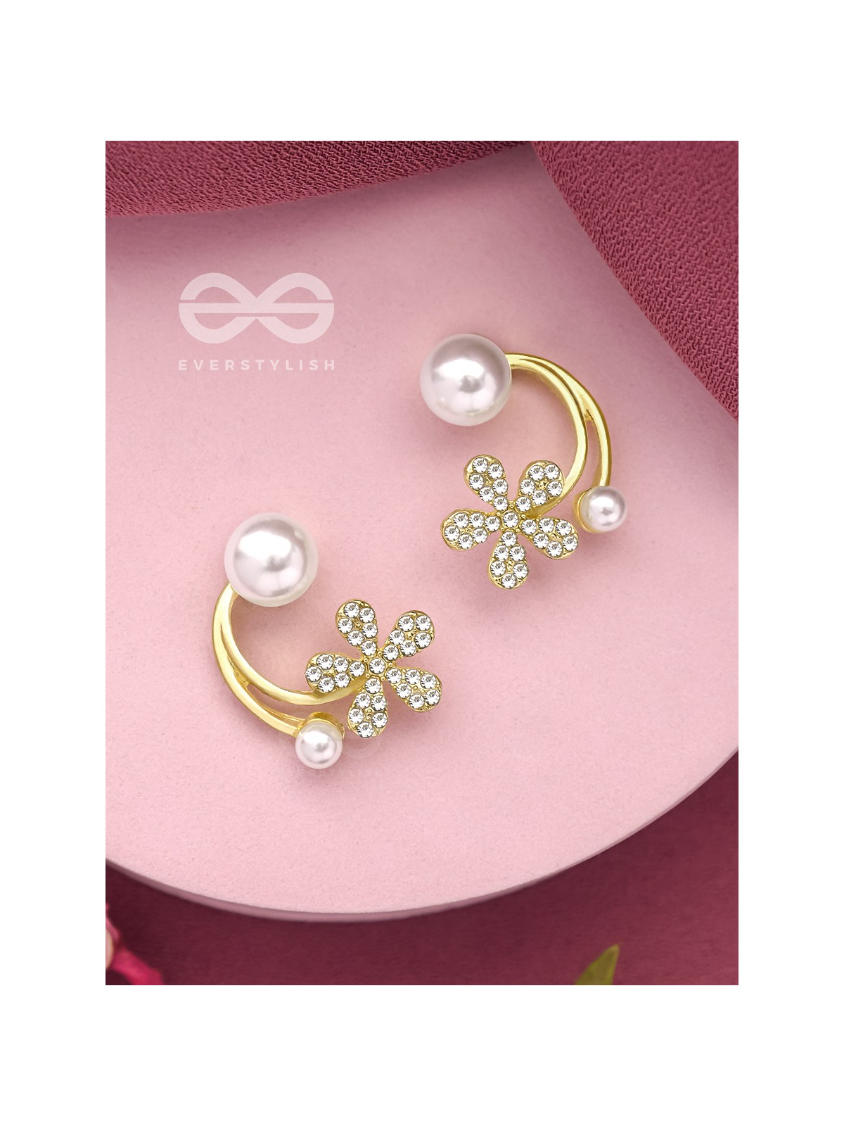 The Frosted Floret- Golden Rhinestones and Pearl Earrings
