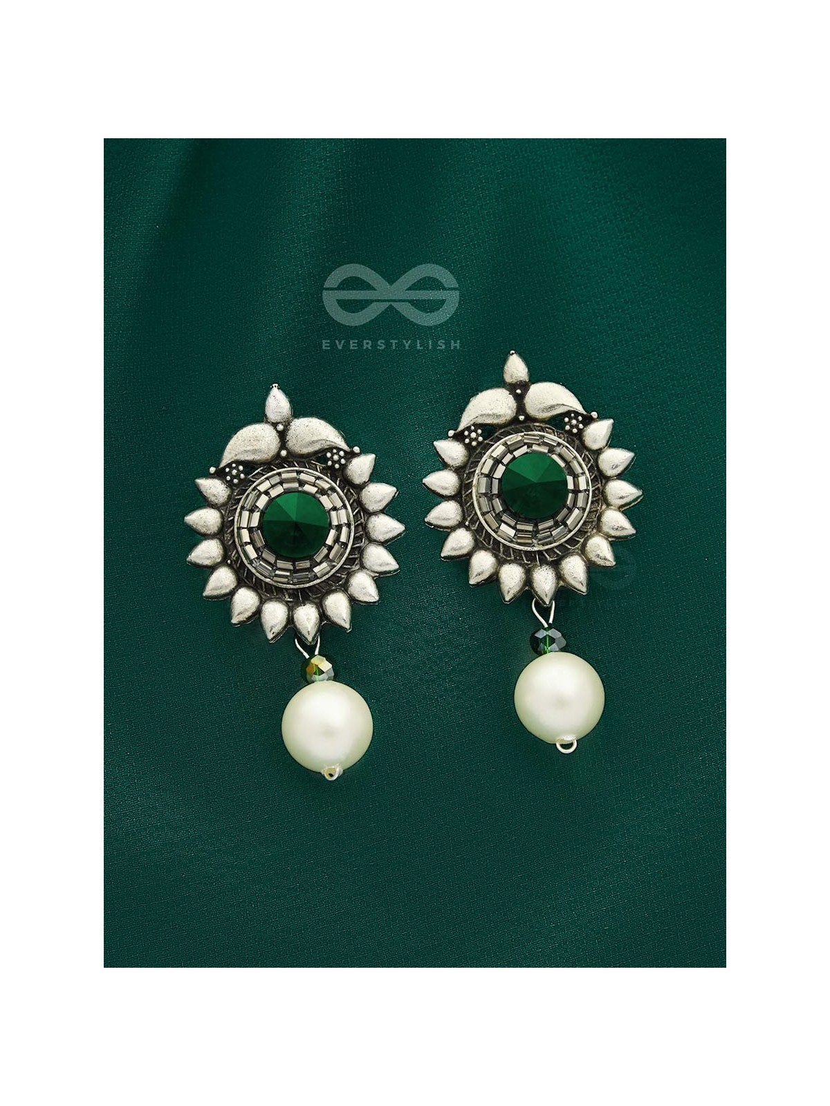 The Emerald Sun- Green Crystal Encrusted Silver Pearl Earrings