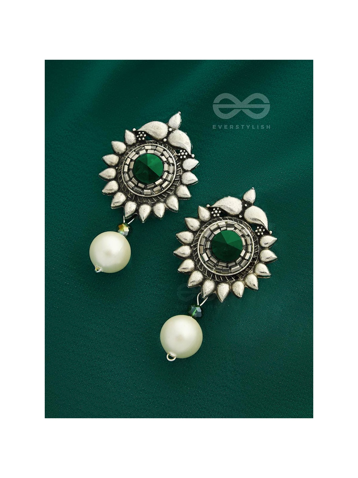 The Emerald Sun- Green Crystal Encrusted Silver Pearl Earrings