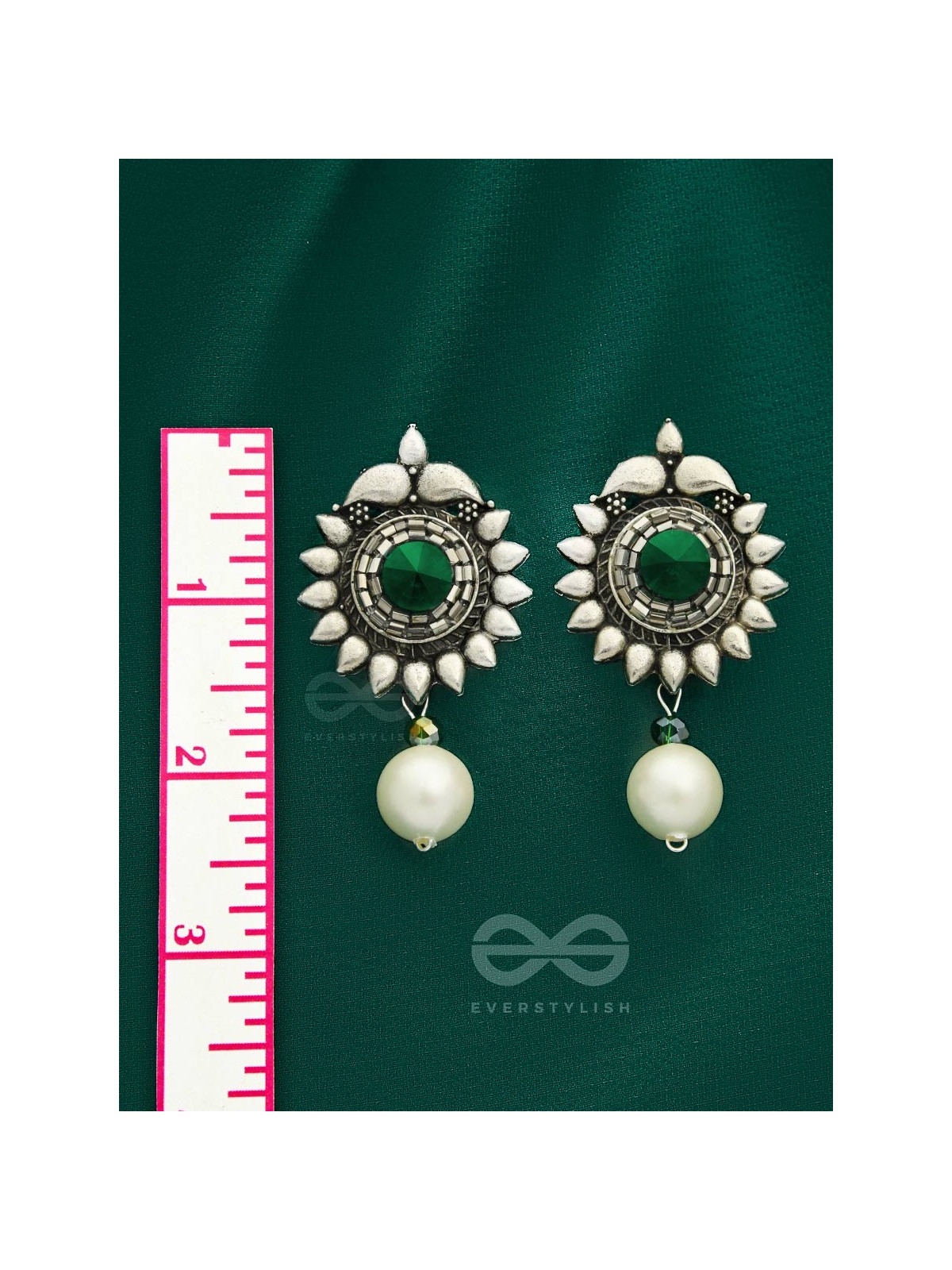 The Emerald Sun- Green Crystal Encrusted Silver Pearl Earrings