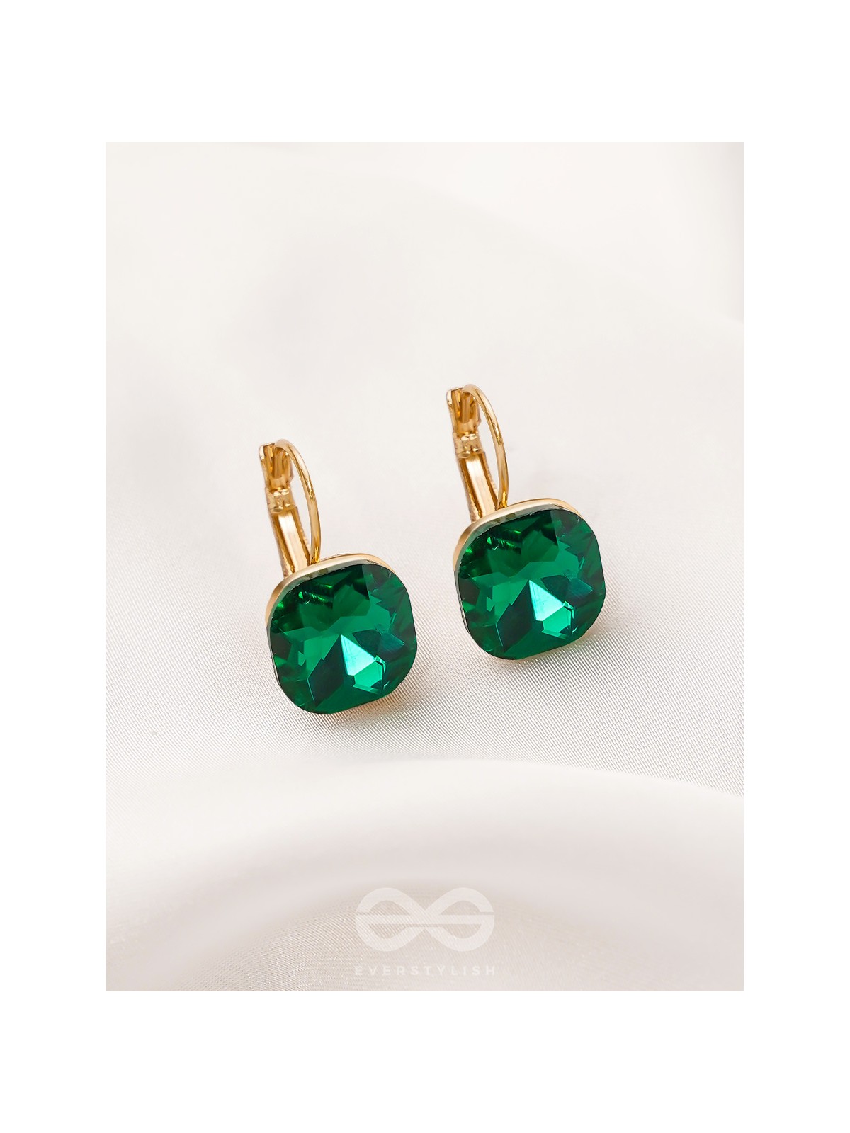 The Ice Cube- Crystal Golden Earrings (Juniper Green)