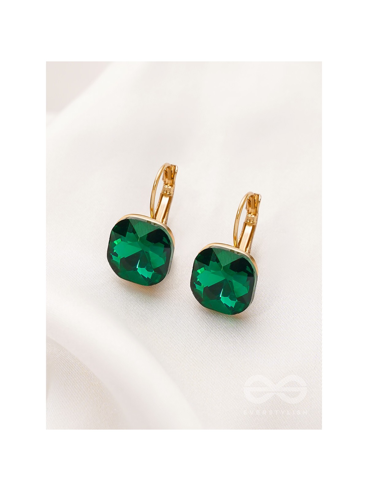 The Ice Cube- Crystal Golden Earrings (Juniper Green)