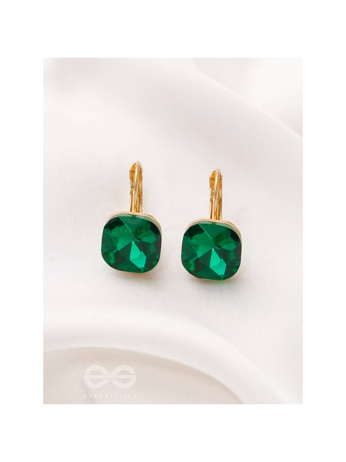 The Ice Cube- Crystal Golden Earrings (Juniper Green)