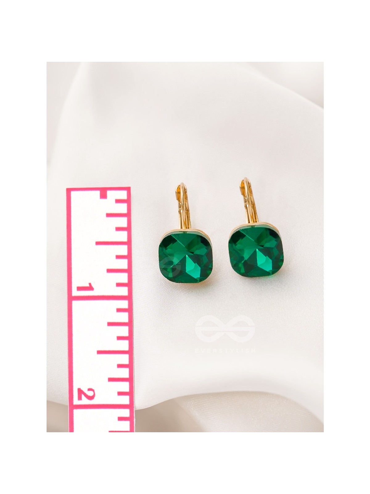 The Ice Cube- Crystal Golden Earrings (Juniper Green)