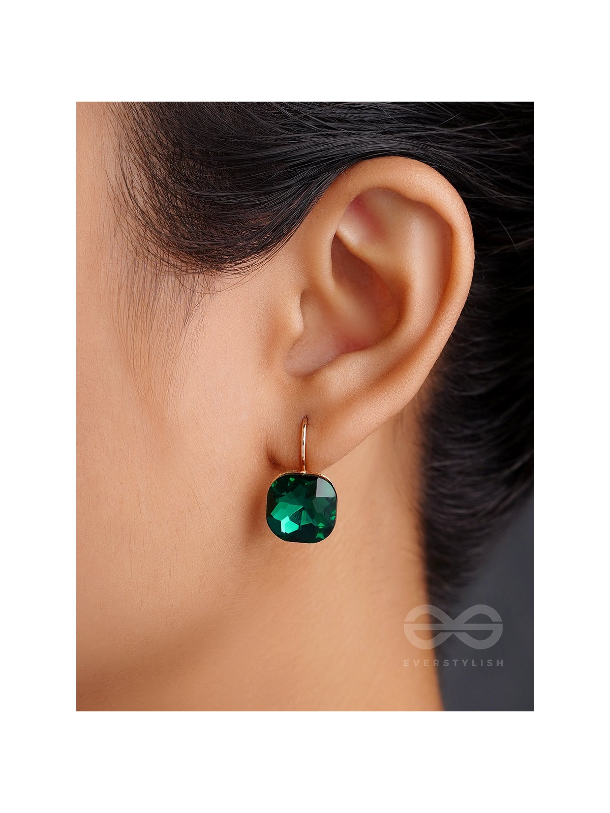 The Ice Cube- Crystal Golden Earrings (Juniper Green)